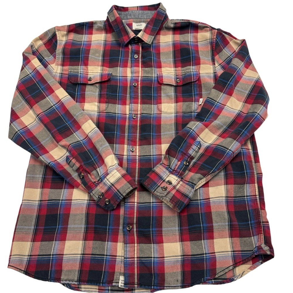 Vans Button Plaid Flannel Button Up Shirt XL Beige Red Blue